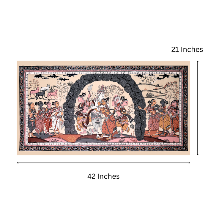 Krishna Gopi Vrindavan Pattachitra on Tussar Silk — Original Odisha Hand-Painted Bhakti Art | 21×42 Inches | Sacred Krishna Wall Art