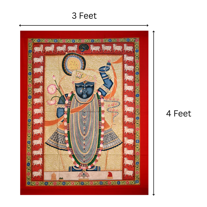 Shrinathji Pichwai Painting (Golden Ground, Red Cow Border) · 3×4 Feet