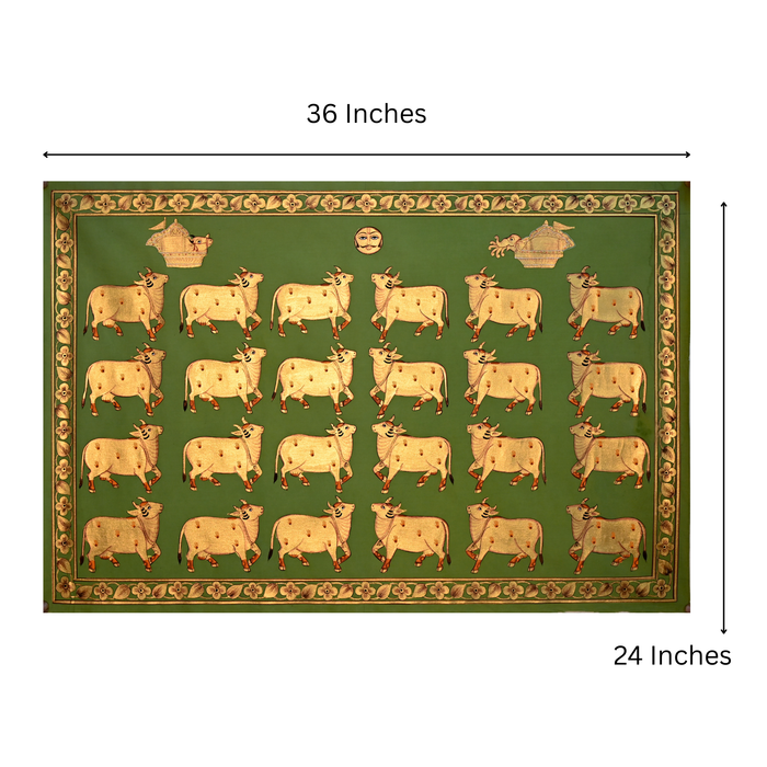 Gold Foil Cows Pichwai Painting (Olive Ground) · 36×24 Inches