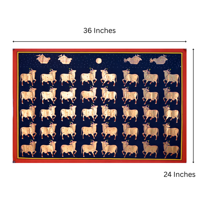 Sacred Cows Pichwai Painting (Gopashtami Grid) · 36×24 Inches