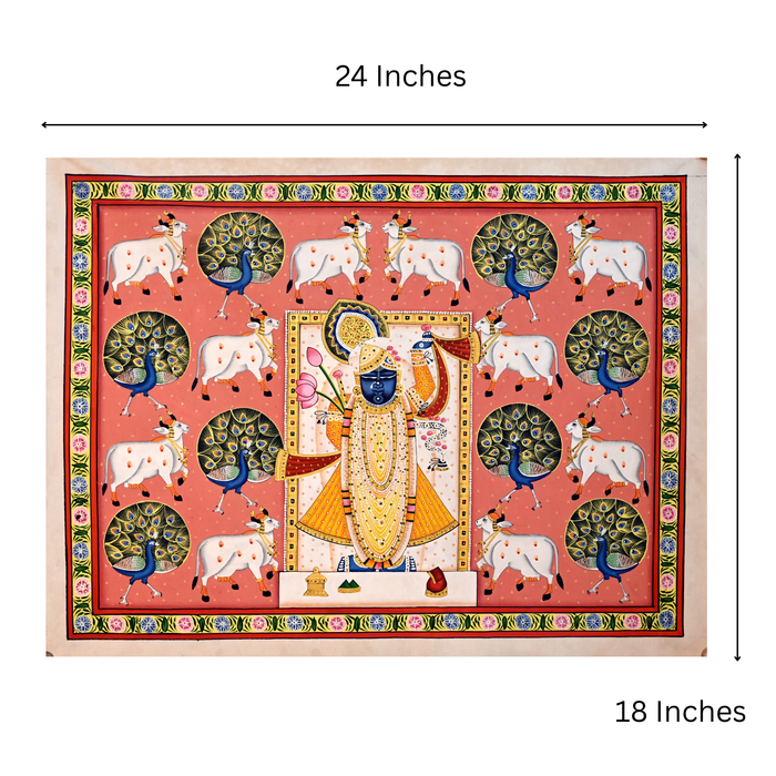 Shrinathji with Cows and Peacocks Pichwai Painting · 24×18 Inches