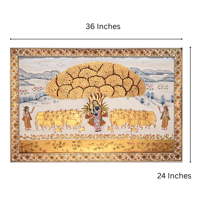 Krishna with Cows Pichwai Painting · 36×24 Inches