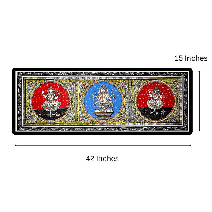 Saraswati Ganesha Lakshmi Pattachitra — Original Odisha Hand-Painted Temple Art | 42×15 Inches | Sacred Trinity Wall Art