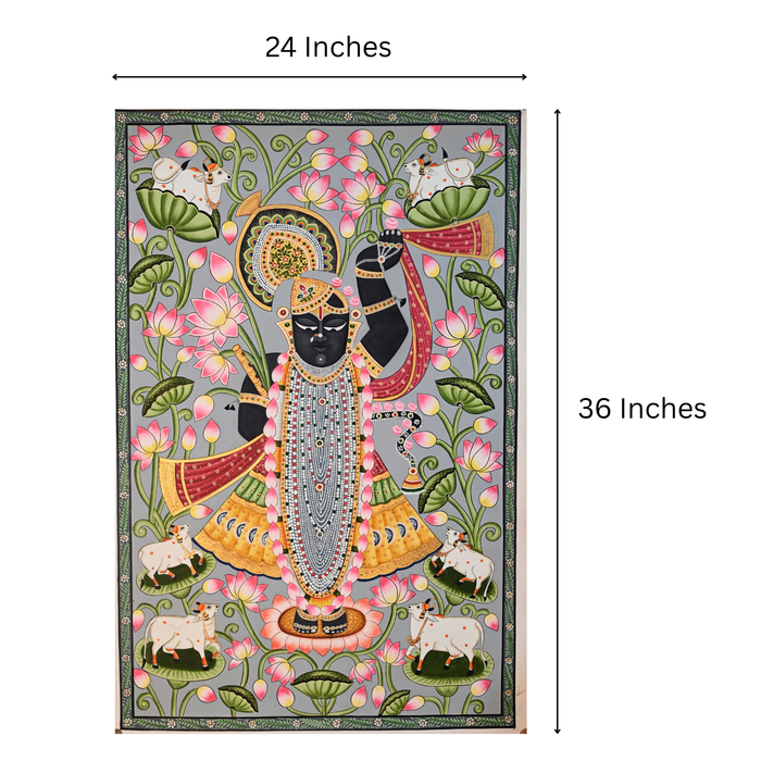 Shrinathji in the Pink Lotus Garden Pichwai Painting · 24×36 Inches