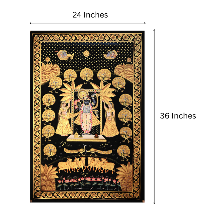 Shrinathji with Sakhis and Peacocks Pichwai Painting (Gold on Black) · 24×36 Inches