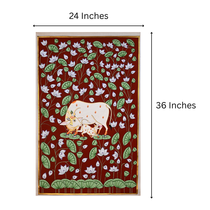 Cow and Calf Pichwai Painting (Lotus Field) · 24×36 Inches