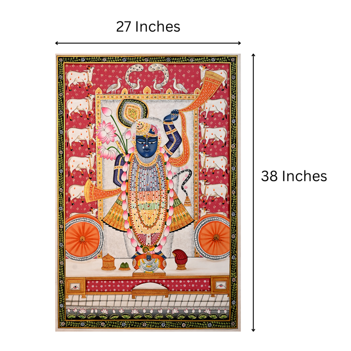 Shrinathji Pichwai Painting (Magenta Ground, Twin Peacock Crest) · 27×38 Inches