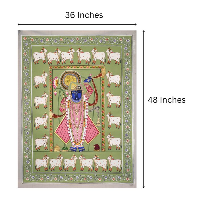 Shrinathji in the Emerald Cow Pasture Pichwai Painting · 36 by 48 Inches