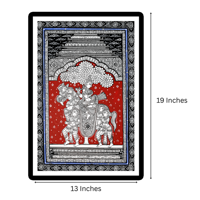 Krishna Gopi Ashwa Pattachitra — Original Odisha Hand-Painted Horse Composition Art | 13×19 Inches | Rare Krishna Wall Art