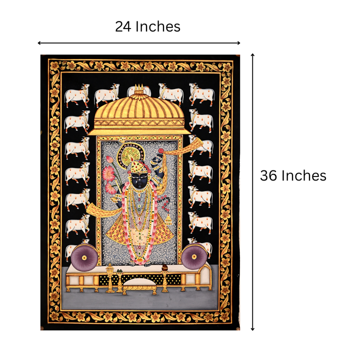 Shrinathji Pichwai Painting (Gold Dome, Black Ground) · 24×36 Inches