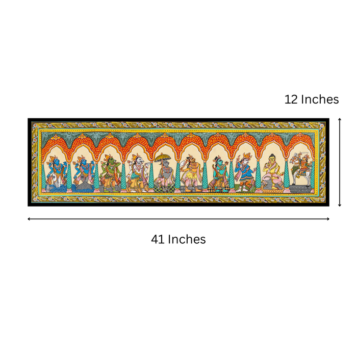 Dashavatar Pattachitra on Silk — Original Odisha Hand-Painted Temple Art | 41×12 Inches | Vishnu Ten Avatars