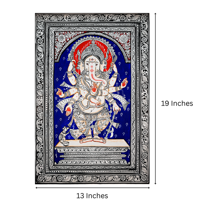 Standing Ganesha Pattachitra — Original Odisha Silver Linework on Royal Blue | 13×19 Inches | Sacred Ganesha Wall Art