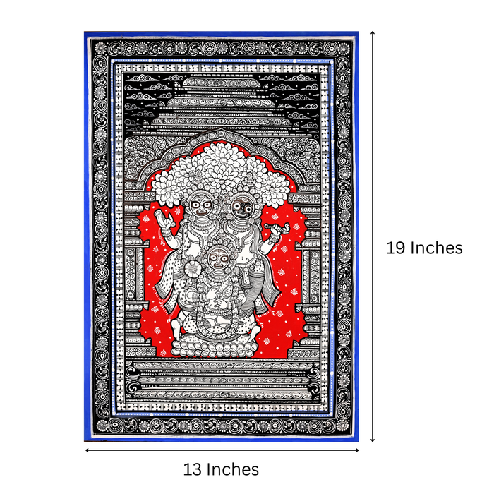 Jagannath Triad Pattachitra — Original Odisha Hand-Painted Balabhadra Subhadra Temple Art | 13×19 Inches | Sacred Puri Wall Art