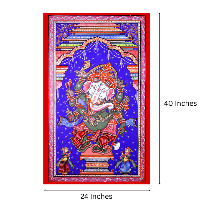 Dancing Ganesha Pattachitra Painting — Original Handmade Odisha Art | 24×40 Inches | Nritta Ganesha