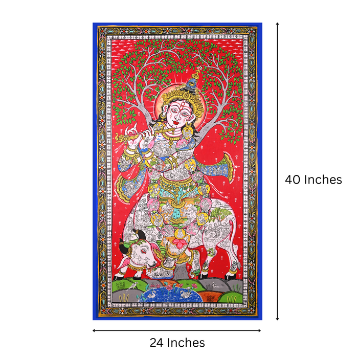 Krishna Life Story Pattachitra Painting — Original Handmade Odisha Art | 24×40 Inches | Narrative Krishna with Cow