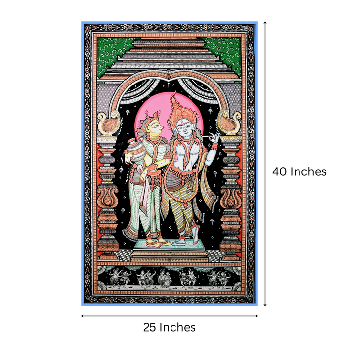 Radha Krishna Pattachitra Painting — Original Handmade Odisha Art | 24×40 Inches | Divine Love Artwork