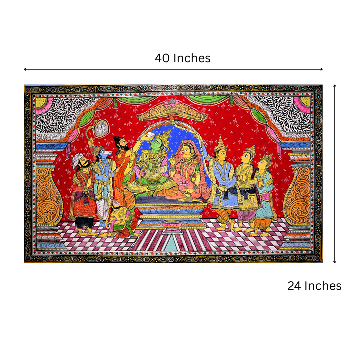 Ram Darbar Pattachitra Painting — Original Handmade Odisha Art | 24×40 Inches | Rama Sita Lakshmana Hanuman Bharata Shatrughna
