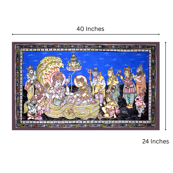 Anantshayana Vishnu Pattachitra — Original Handmade Odisha Painting | 24×40 Inches | Vishnu Lakshmi Brahma Shiva Ganesha Hanuman