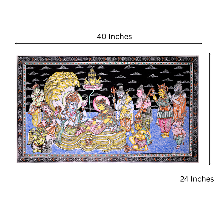 Anantshayana Vishnu Pattachitra — Original Handmade Odisha Painting | 24×40 Inches | Vishnu Lakshmi Brahma Shiva Ganesha Hanuman