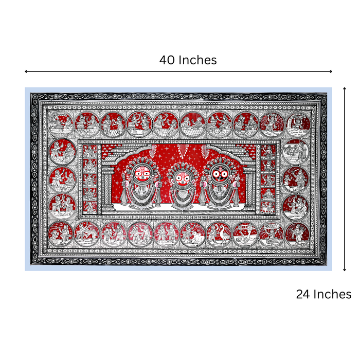 Jagannath Pattachitra Painting — Original Handmade Odisha Art | 24×40 Inches | Jagannath Balabhadra Subhadra with Katha Scenes