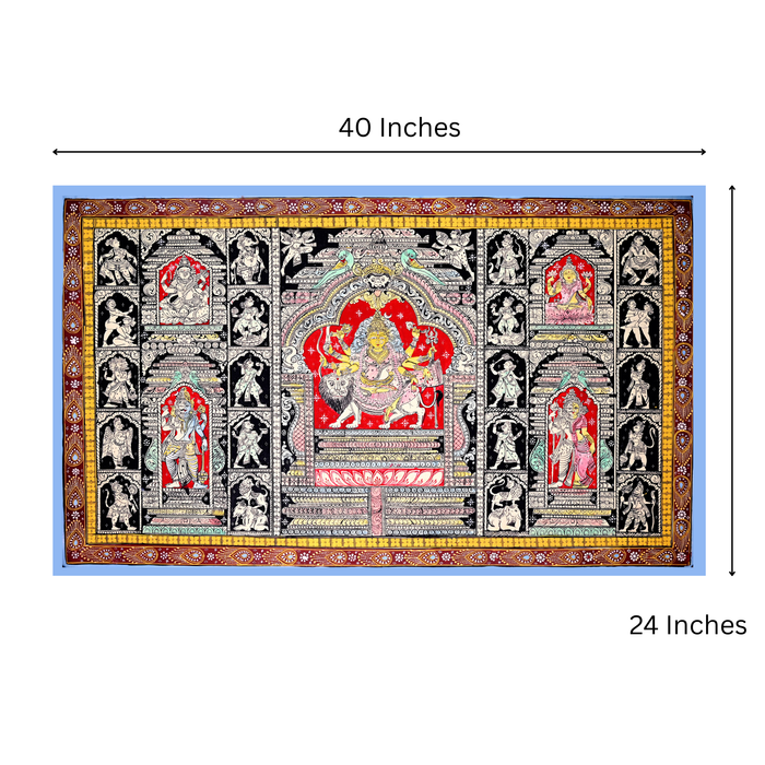 Durga Pattachitra Painting — Original Handmade Odisha Art | 24×40 Inches | Durga Parivar with Ganesha Lakshmi Saraswati Shiva