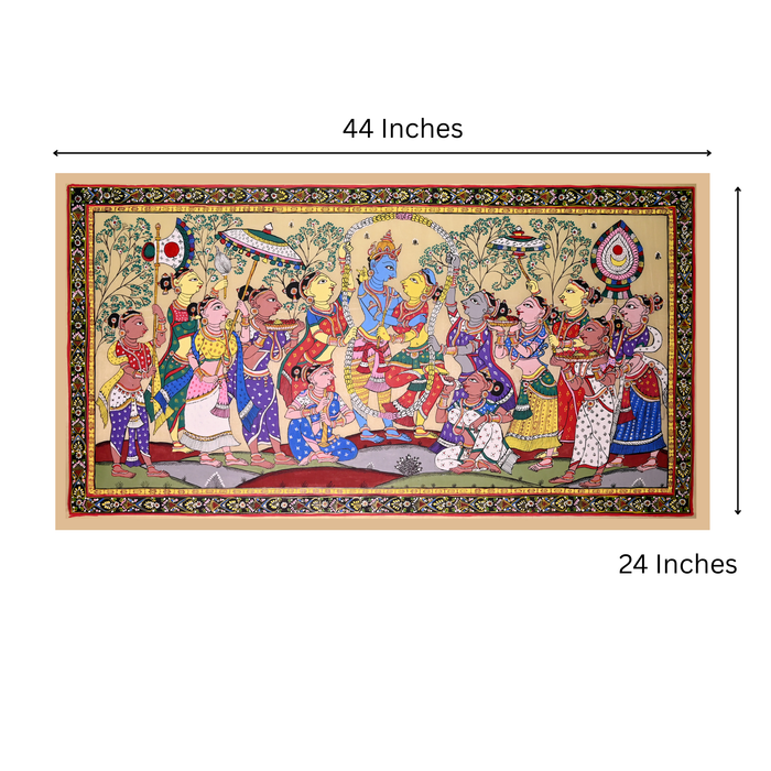 Krishna Gopi Vrindavan Pattachitra on Tussar Silk — Original Odisha Hand-Painted Bhakti Art | 24×44 Inches | Sacred Krishna Wall Art