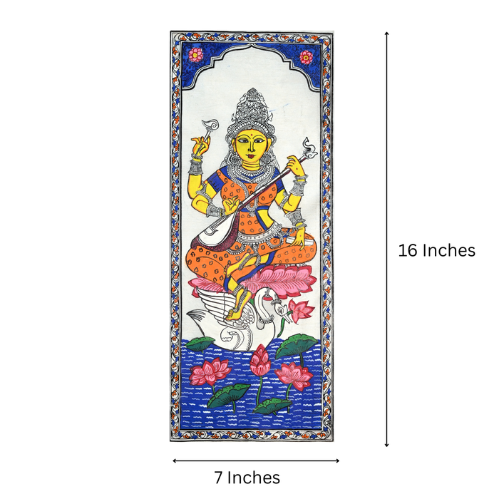 Saraswati Pattachitra Painting on Tussar Silk — Original Handmade Odisha Art | 7×16 Inches