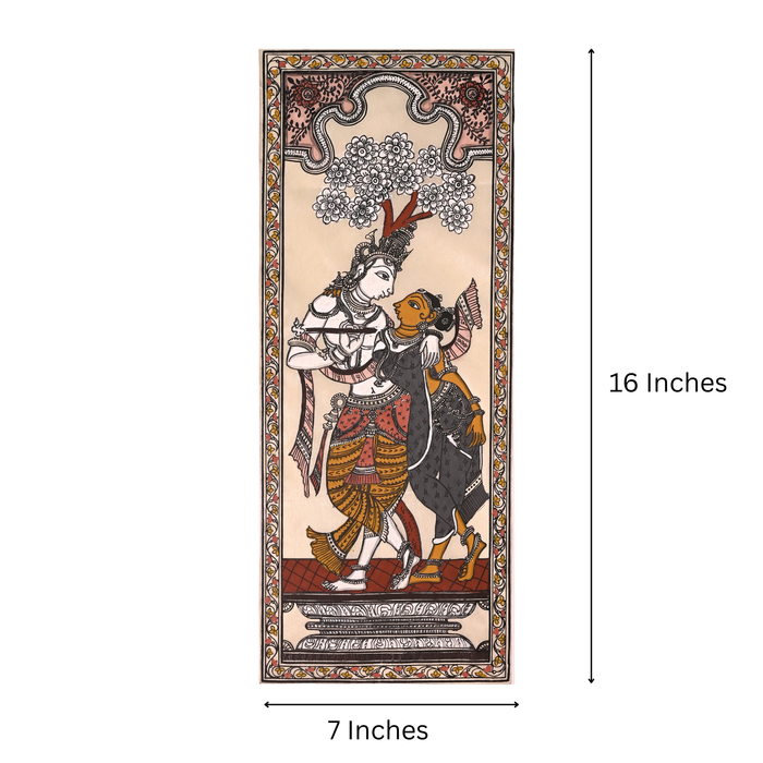 Radha Krishna Pattachitra Painting on Tussar Silk — Original Handmade Odisha Art | 7×16 Inches | Divine Love