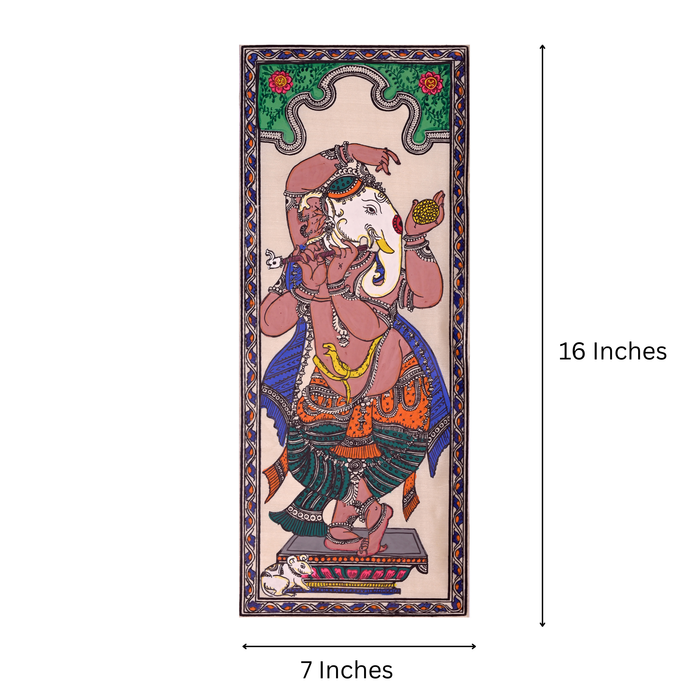 Dancing Ganesha Pattachitra Painting on Tussar Silk — Original Handmade Odisha Art | 7×16 Inches