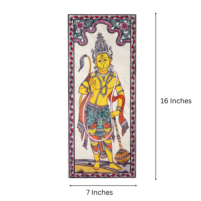 Hanuman Pattachitra Painting on Tussar Silk — Original Handmade Odisha Art | 7×16 Inches