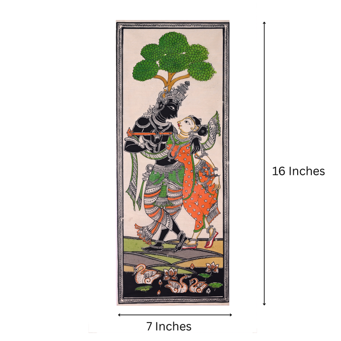 Radha Krishna Pattachitra Painting on Tussar Silk — Original Handmade Odisha Art | 7×16 Inches | Divine Love