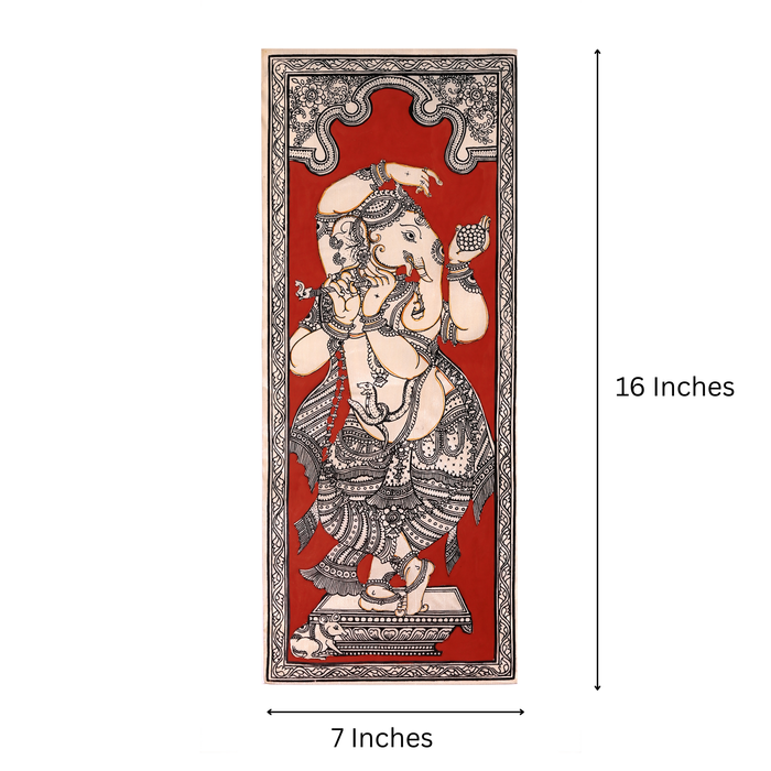 Dancing Ganesha Pattachitra Painting on Tussar Silk — Original Handmade Odisha Art | 7×16 Inches