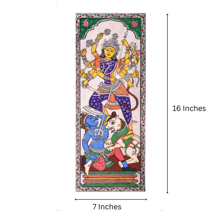 Durga Pattachitra Painting on Tussar Silk — Original Handmade Odisha Art | 7×16 Inches
