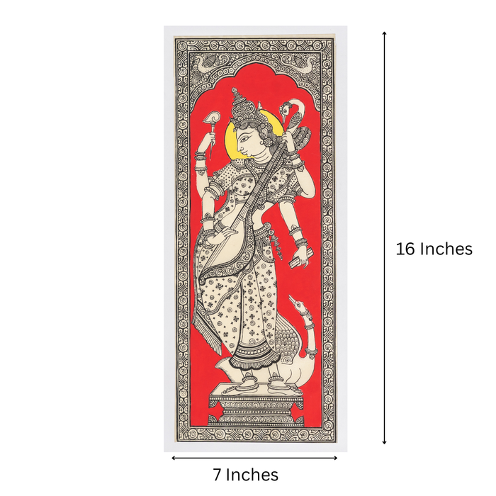 Saraswati Pattachitra Painting on Tussar Silk — Original Handmade Odisha Art | 7×16 Inches