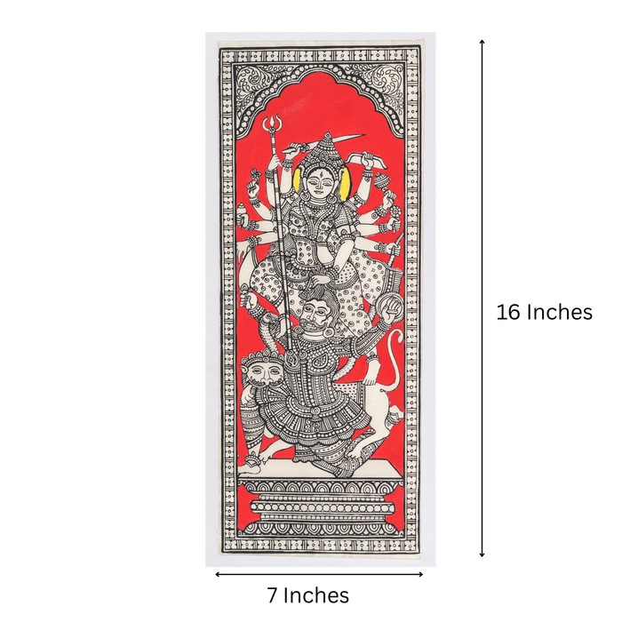 Durga Pattachitra Painting on Tussar Silk — Original Handmade Odisha Art | 7×16 Inches