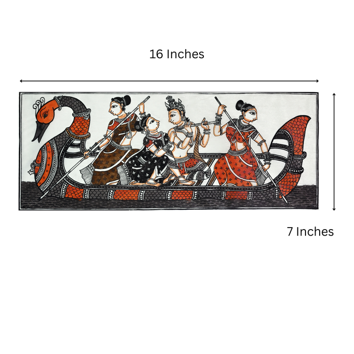 Krishna Leela Boat Scene Pattachitra Painting on Tussar Silk — Original Handmade Odisha Art | 7×16 Inches