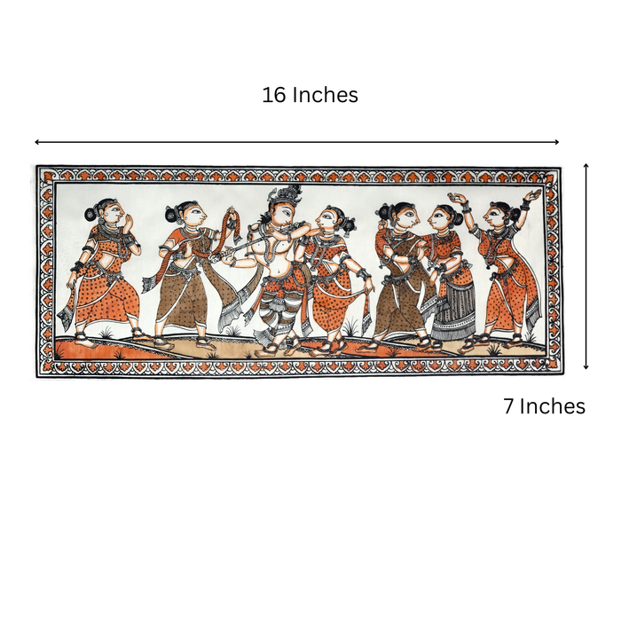 Krishna Raas Leela Pattachitra Painting on Tussar Silk — Original Handmade Odisha Art | 7×16 Inches