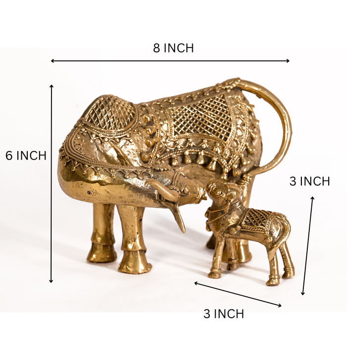 Sacred Kamdhenu Cow & Calf Dhokra Sculpture – Handmade Brass Bastar Art