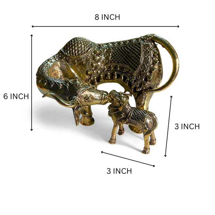 Sacred Kamdhenu Cow & Calf Dhokra Sculpture – Handmade Brass Bastar Art for Prosperity & Blessings