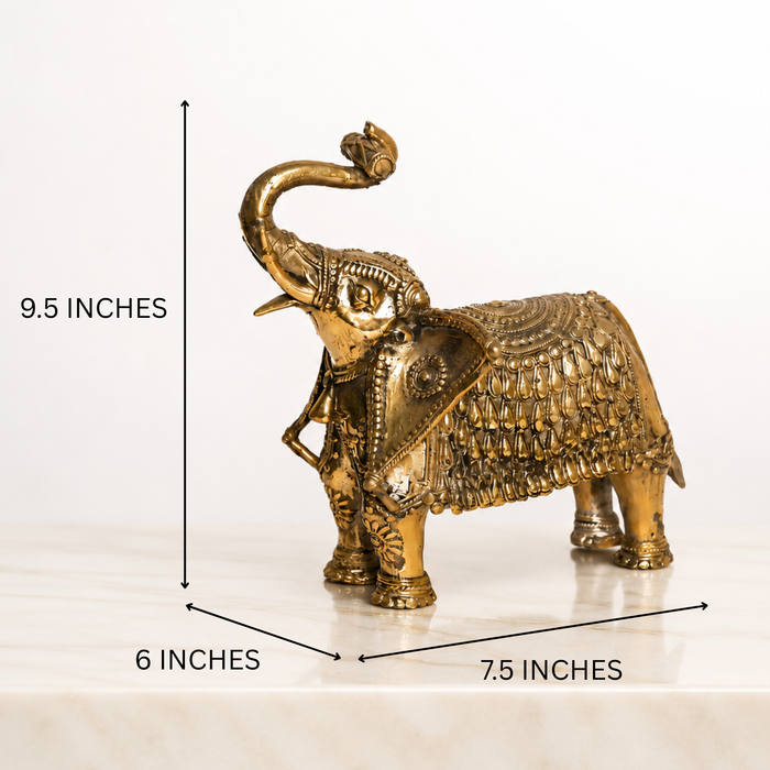 Brass Elephant Statue with Ceremonial Jhool · 9.5×7.5×6 Inches