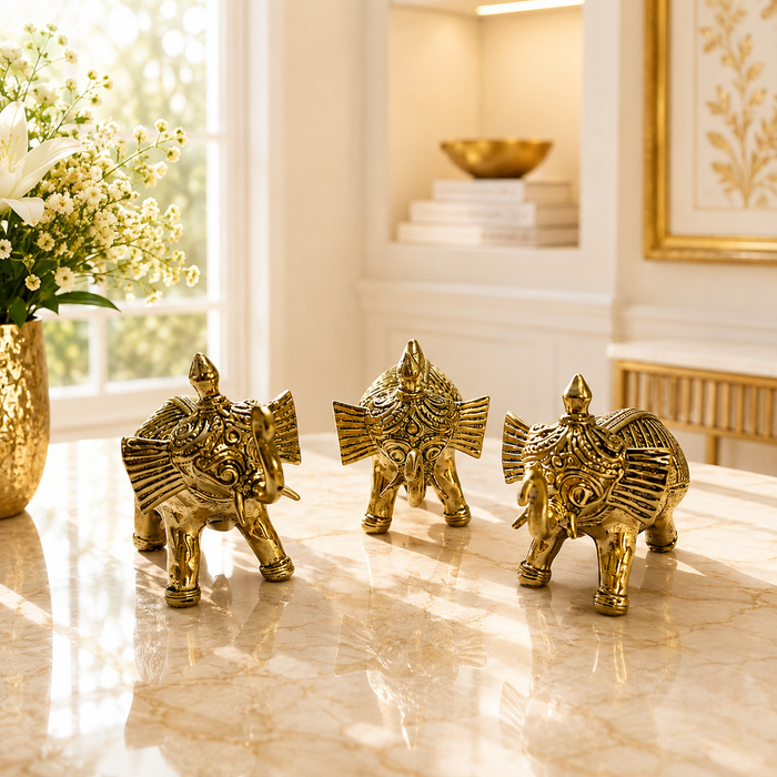 Elephant Trio Dhokra Sculptures · Set of 3 Bastar Brass Figurines