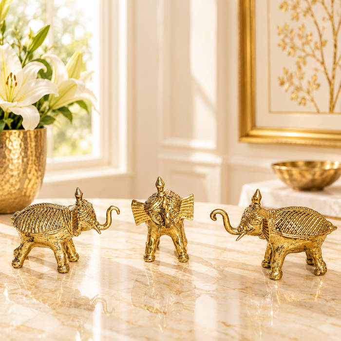 Elephant Trio Dhokra Sculptures · Set of 3 Bastar Brass Figurines
