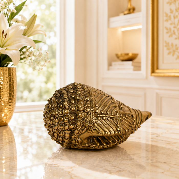 Sacred Shankh Dhokra Sculpture · Handcrafted Brass Conch Shell