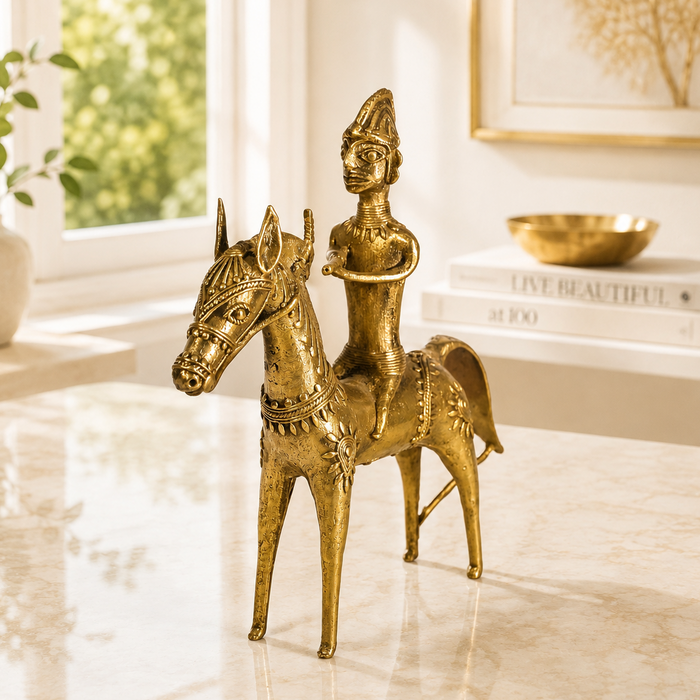 Tribal Warrior on Horseback · Bastar Dhokra Brass Sculpture