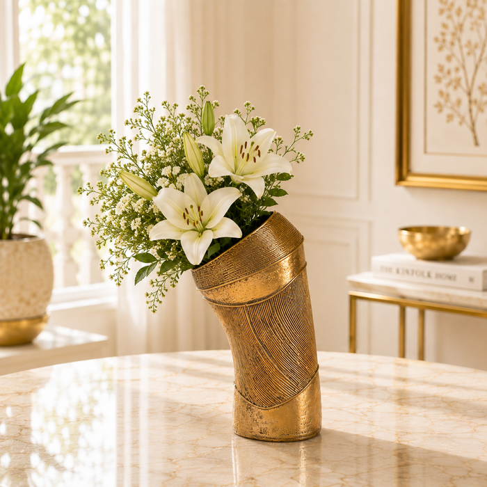 Dhokra Curved Leaf Brass Vase · 3.5×8 Inches