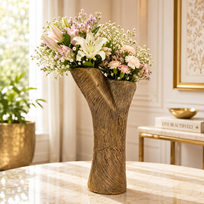 Dhokra Twin-Mouth Brass Vase · 7×11.5 Inches