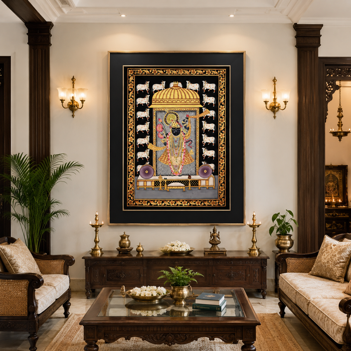 Shrinathji Pichwai Painting (Gold Dome, Black Ground) · 24×36 Inches