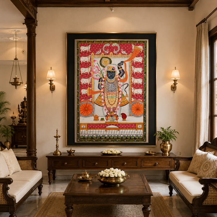 Shrinathji Pichwai Painting (Magenta Ground, Twin Peacock Crest) · 27×38 Inches