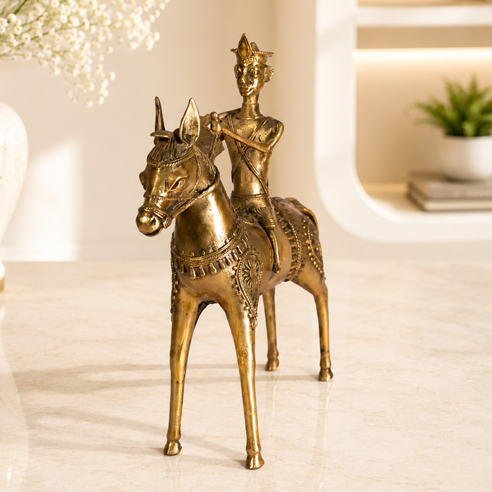 Tribal Horse Rider Dhokra Sculpture · 11×13 Inches