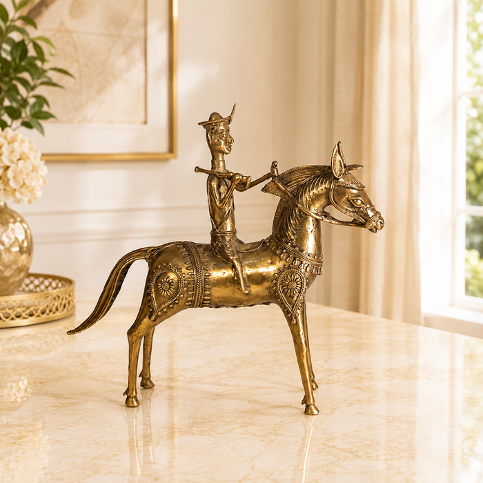 Tribal Horse Rider Dhokra Sculpture · 11×13 Inches